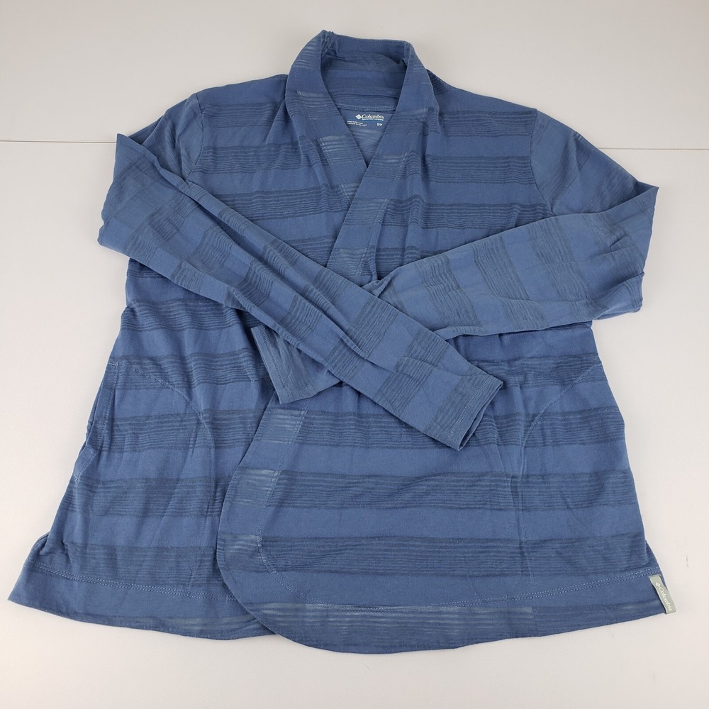 Columbia Sportswear Co Cardigan Women Small Blue Sheer Striped Open Front Topper